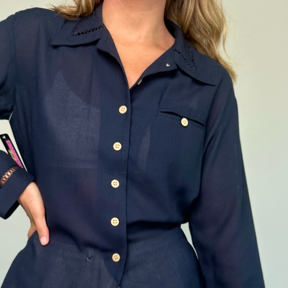 Vintage Liz Claiborne Navy Semi Sheer Old Money Button Down (S) - Picture 7 of 8